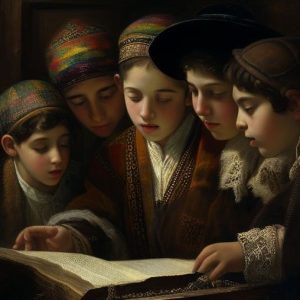 ilustración que muestra a unos niños estudiando textos sagrados. En el texto se hace referencia a la Yeshivá, un espacio de estudio y debate de textos